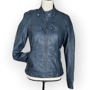 Black Rivet Deep Blue Faux Leather Zip Front Faux Fur Lined Moto Jacket Size S